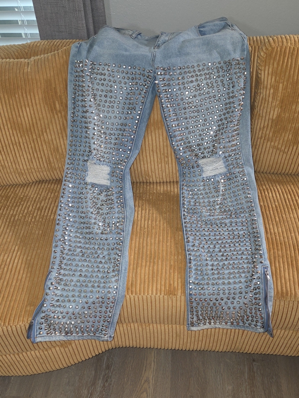 AKIRA Light Denim Studded Wide-Leg Jeans with Ankle Zips
